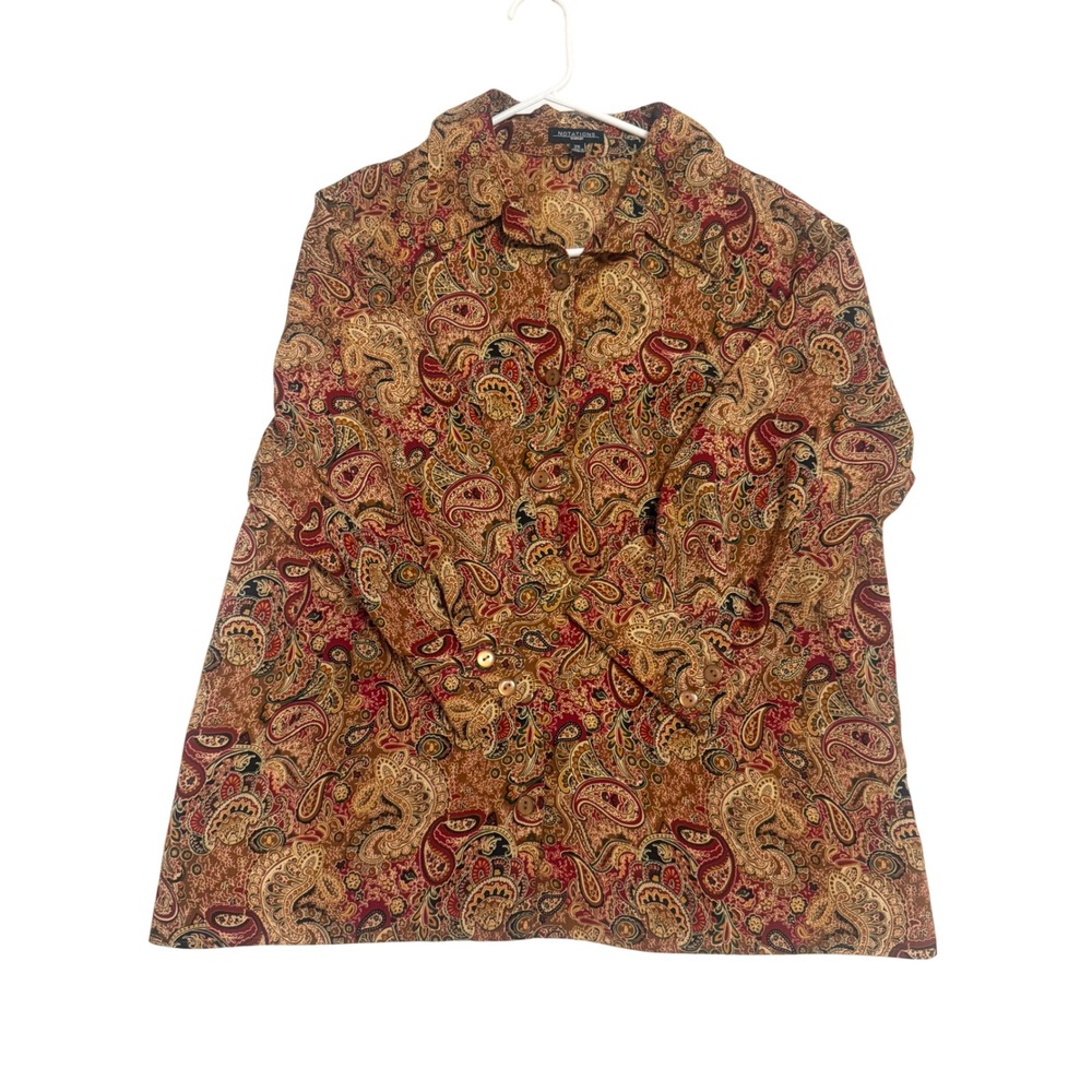 Notations Paisley Button Up Blouse Womens 2X Brown Red Lightweight Button-Up